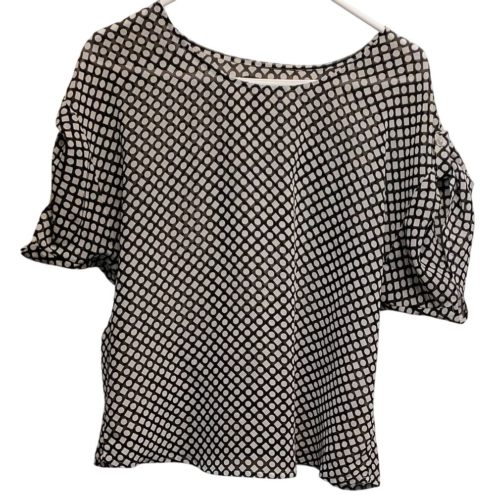 Gap Semi Sheer Black White Short Sleeve Diamond Circle Pattern Blouse Size Med